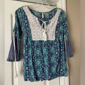 Red Camel Boho Floral Cold Shoulder Top Lace Tassel Tie Blouse | XS